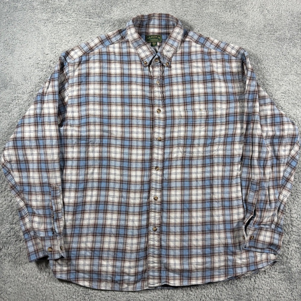Filson Flannel Shirt Mens XL Blue Brown Plaid Long Sleeve Button Down Pocket